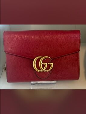Gucci Red Pebbled Leather GG Chain Crossbody